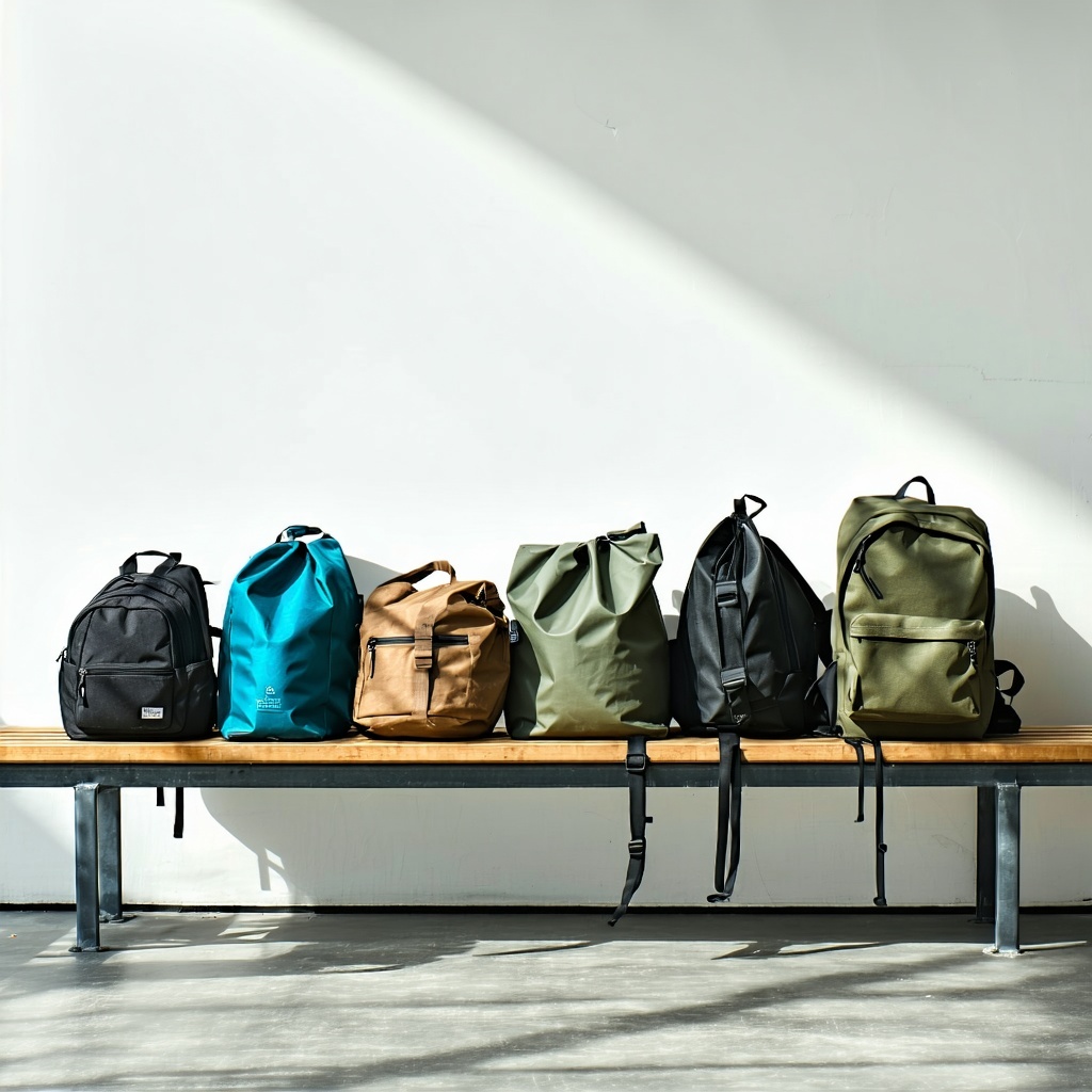 A bench with bags backpacks or soft accessories in various stages