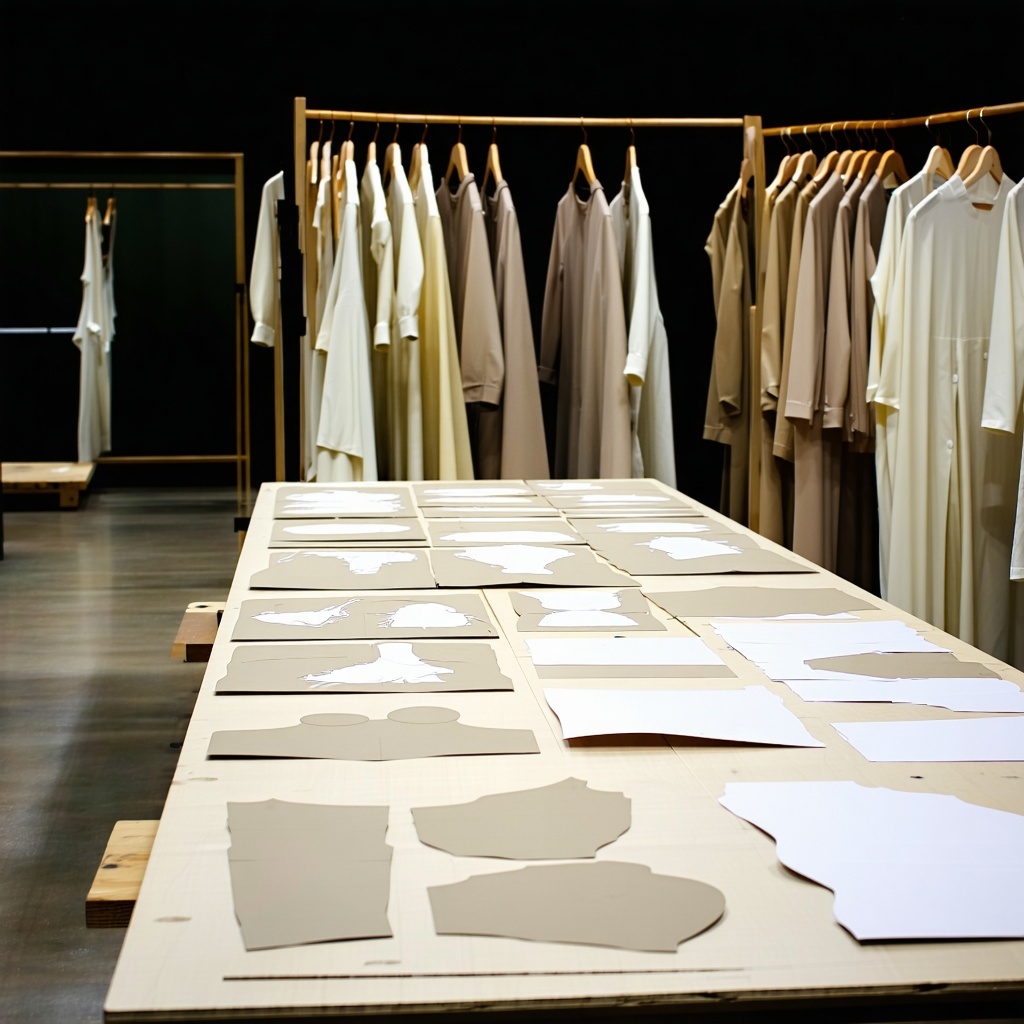 Behindthescenes of a costume department dramatic silhouettes paper patterns for theatrical garments on a large table-1