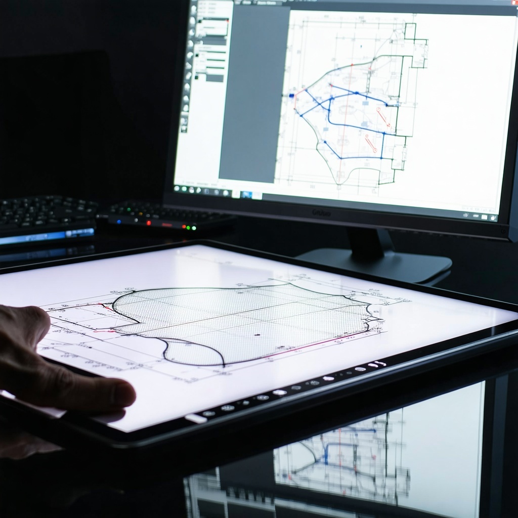 A paper pattern being traced or captured on a digitizing tablet or board with a monitor displaying the digitized pattern nearby