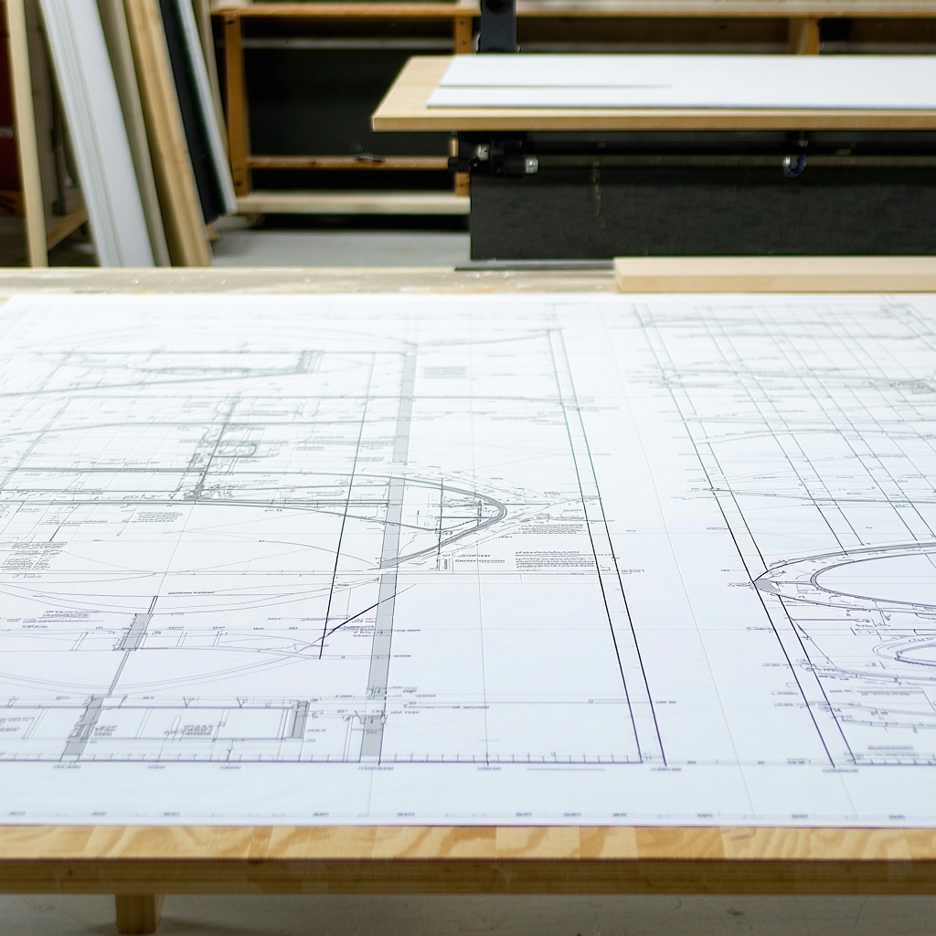 A plotted paper pattern laid out on a cutting table in a professional studio or small production room-1